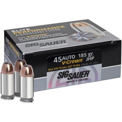 Sig E45AP0-50 Elite Performance 45 ACP Auto Ammo 185 Grain V-Crown Jacketed Hollow Point, 500Rd