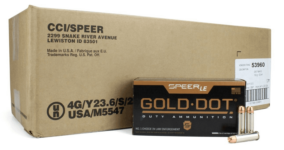 Speer Gold Dot .357 Mag 158 Grain HP Le Ammunition 1000RD Case