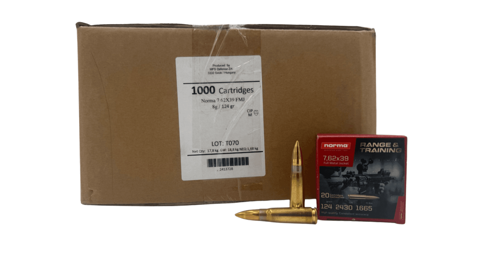 Norma Range Training 7.6239MM 124 GR FMJ Centerfire Rifle Ammunition 1000RD Case 50x20rd Boxes