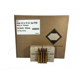 Greece Greek Military Surplus, 8mm Mauser, 198 GR FMJ Ammunition, Brass Cased, Boat Tail, Berdan Primed, Corrosive, Lead Core - 945 Round Case - AM8003