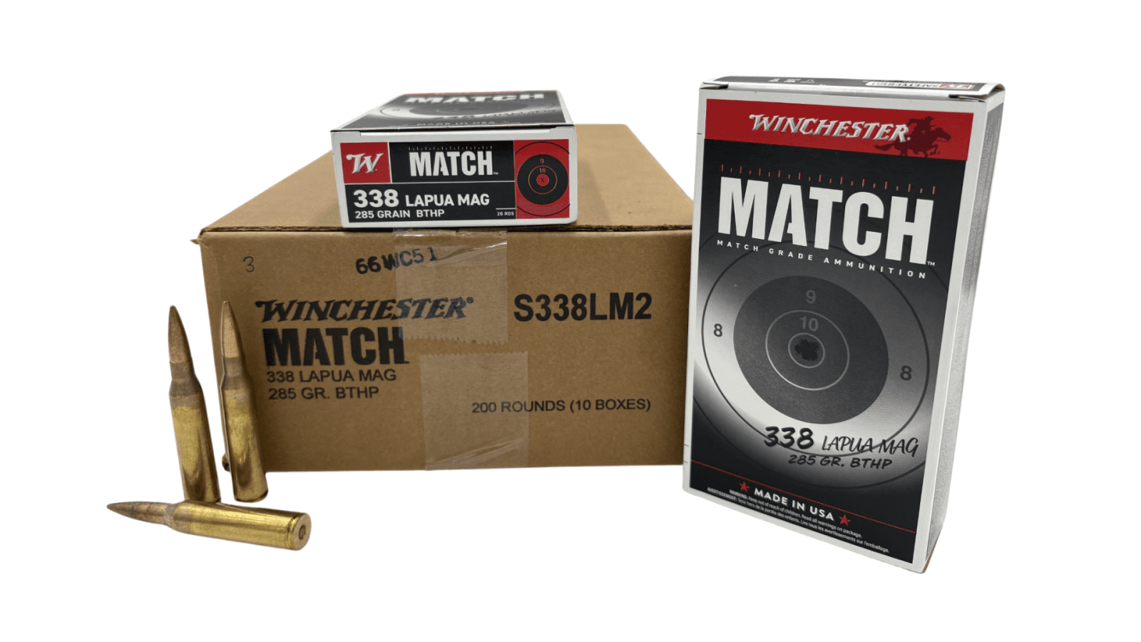Winchester Ammo S338LM2 Match .338 Lapua Mag 285 GR BTHP 200RD Case