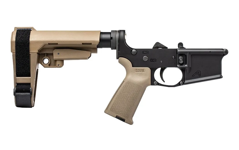 Aero Precision AR-15 Pistol Complete Lower Receiver w/ MOE Grip & SBA3 Brace - Black/FDE - Lower Receiver for AR-15, vista 1