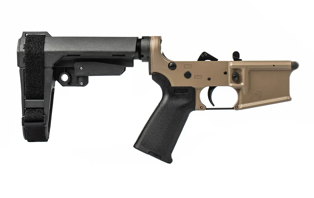 Aero Precision AR15 Pistol Complete Lower Receiver w/ MOE Grip and SBA3 Brace - FDE/Black - Lower Receiver for AR-15, vista 1