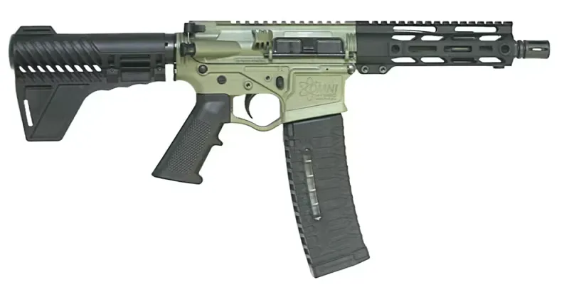 American Tactical ATI Omni Maxx Hybrid AR-15 Pistol, .223/5.56 Nato, 7.5" Barrel, 7" M-LOK Rail W/ Breach Brace and 60 Round Mag - Battlefield Green GOMX556QD7BBFG60 - Complete Rifle, vista 1