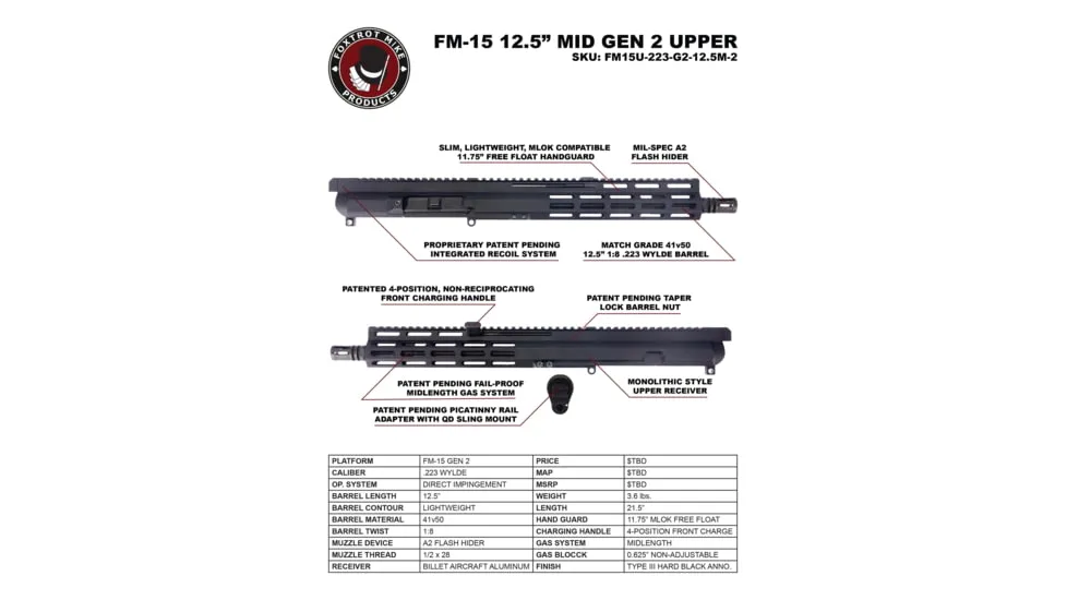 Foxtrot Mike FM-15 Gen 2 12.5" .223 Wylde Gov Mid M-LOK Complete Upper - Upper Receiver for AR-15 - view 1