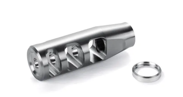 JP Enterprises 3-Port Compensator 1/2-36 TPI .750 OD .406 Exit Polished Stainless Silver - Muzzle Device for AR-15 - view 1