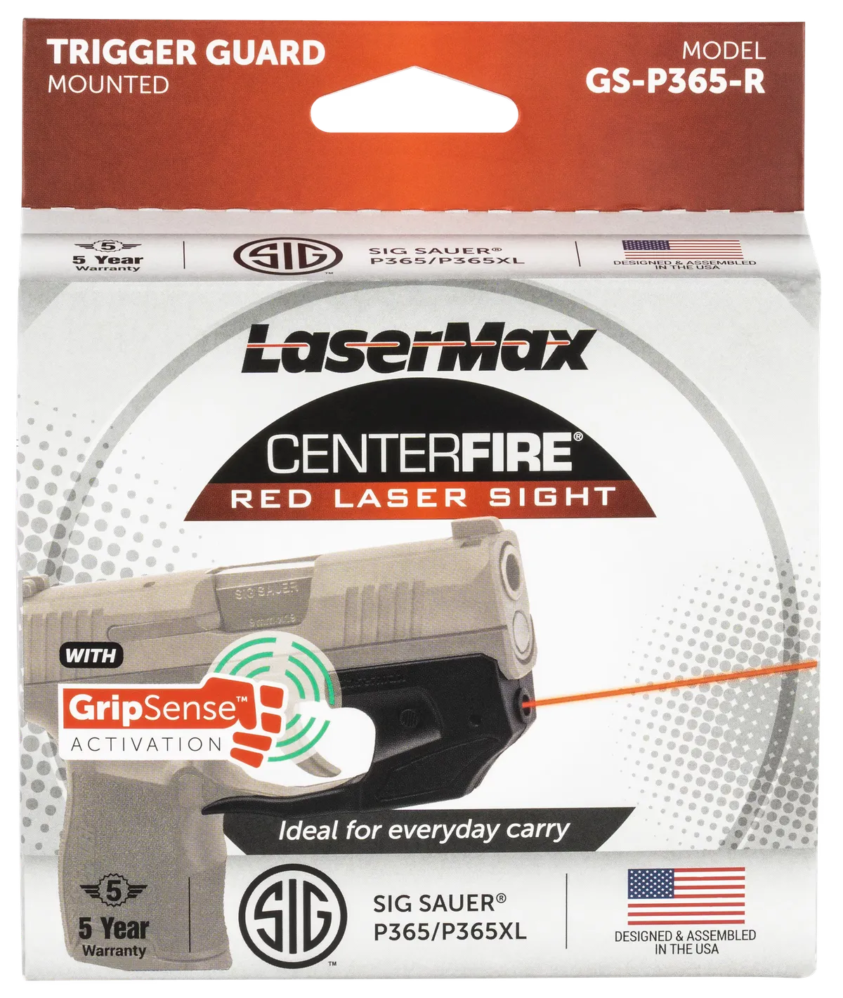 LaserMax CenterFire with GripSense Technology, Red Laser, fits Sig Saur P365/P365XL/P365SAS, Black - Laser - view 1