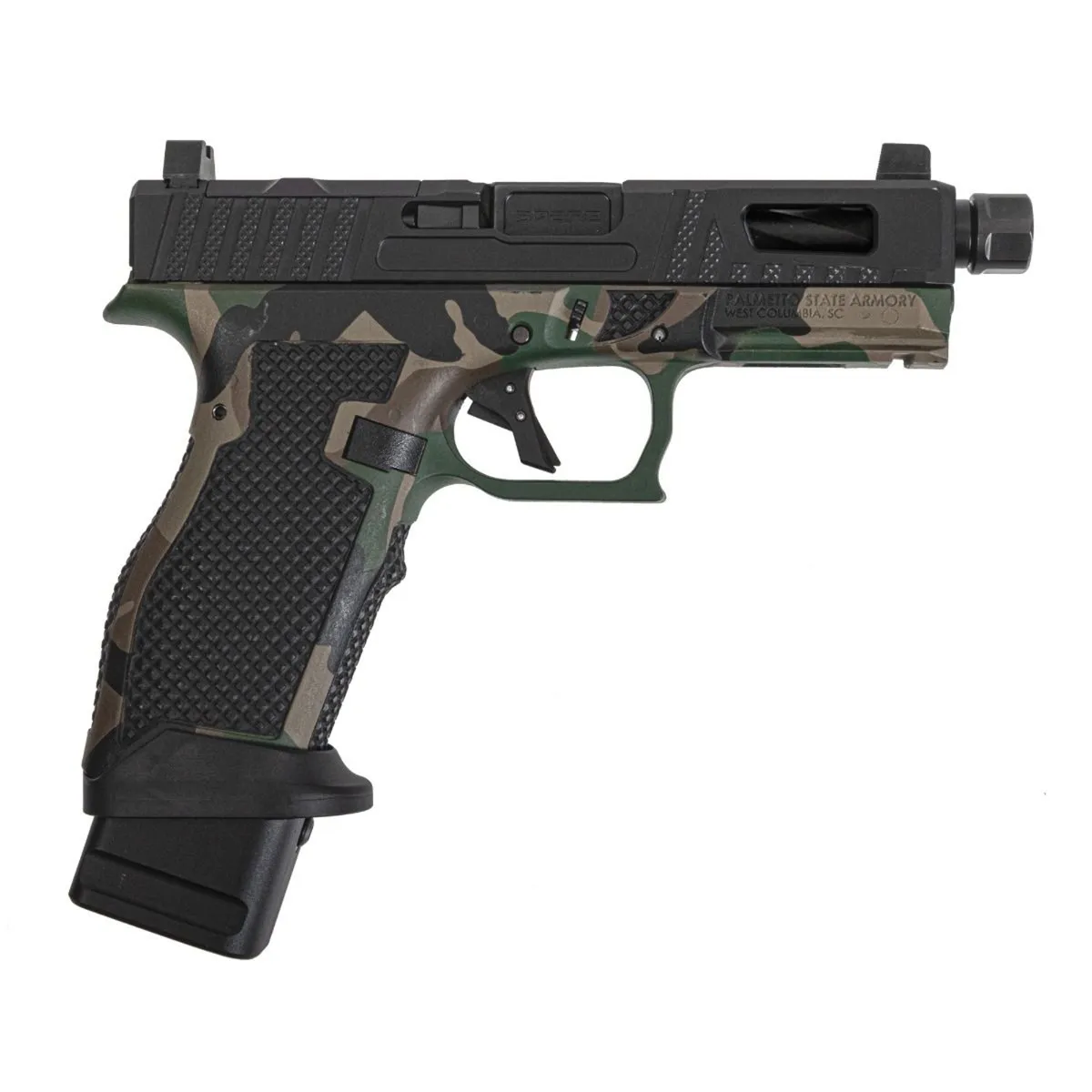 Palmetto State Armory PSA Sabre Dagger Full Size - S 9mm Pistol, Threaded Barrel, W/Mag extensions, M81 Woodland Camo - Barrel for AR-15, vista 1