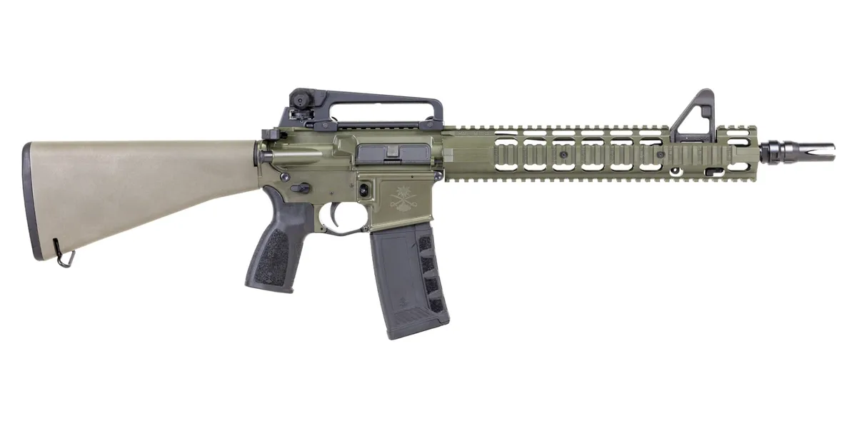 Palmetto State Armory PSA "Sabre" Forged 13.7" Mid-Length 5.56 FSB with 13" Two-Piece Quad Rail and JMAC GFHC-E Pin//Weld A1 Stock and Carry Handle Rifle, Cerakote ODG - Complete Rifle - view 1