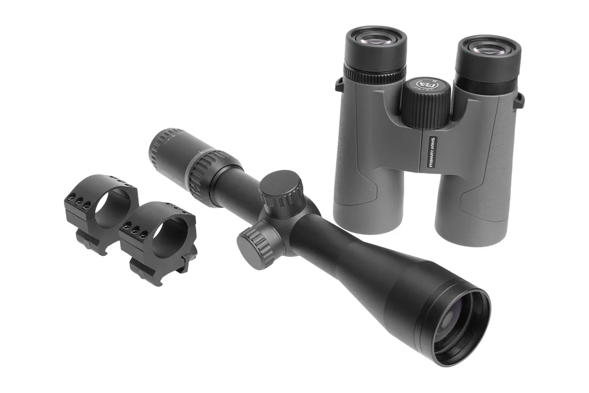 Primary Arms Classic 3-9x44 SFP Small Caliber Rifle Scope - Duplex Reticle with 30mm Tactical Rings Medium Height and SLx 10x42mm Binoculars - Rifle Scope, vista 1