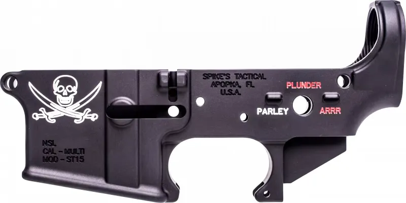 Spike's Tactical Spikes Tactical Multi-Caliber Color Filled Calico Jack Logo Stripped Lower Receiver, Hardcoat Anodized Black - STLS016-CFA - Lower Receiver for AR-15 - view 1