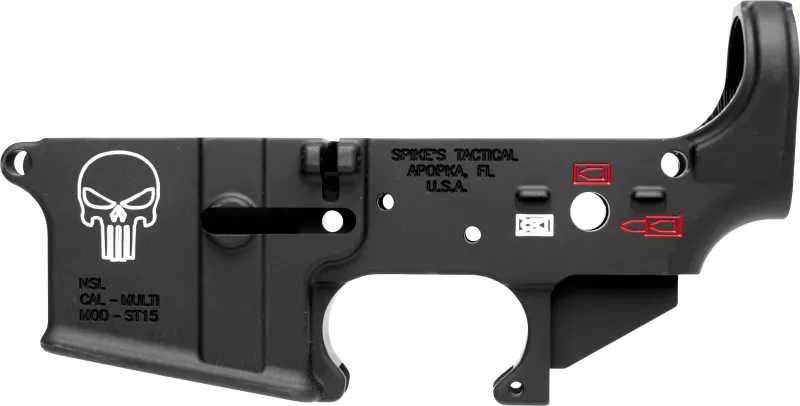 Spike's Tactical Spikes Tactical Multi-Caliber Color Filled Punisher Logo Stripped Lower Receiver, Hardcoat Anodized Black - STLS015-CFA - Lower Receiver for AR-15 - view 2