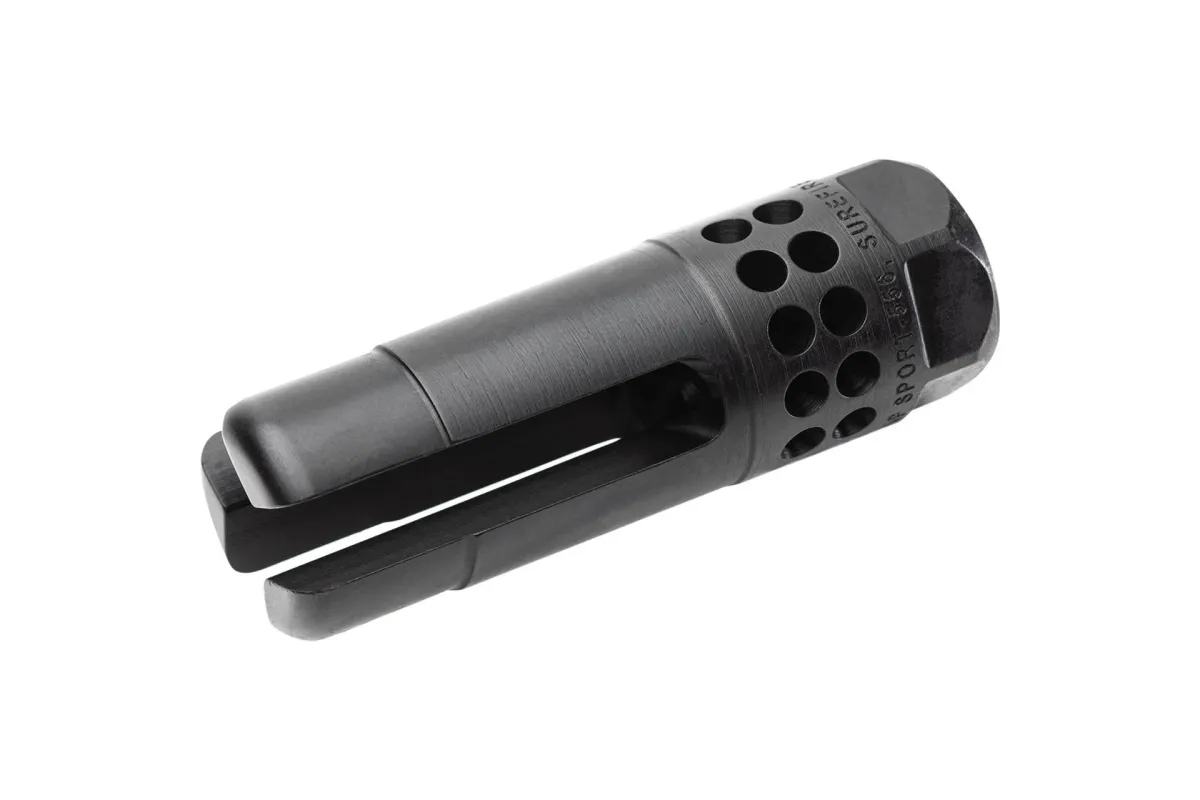 SureFire WARCOMPSPORT7625824 Warcomp Sport Flash Hider 30 Cal (7.62mm NATO) 5/8"-24 tpi, Open Tine 3-Prong, Ported Black Stainless Steel - Muzzle Device for AR-15, vista 1