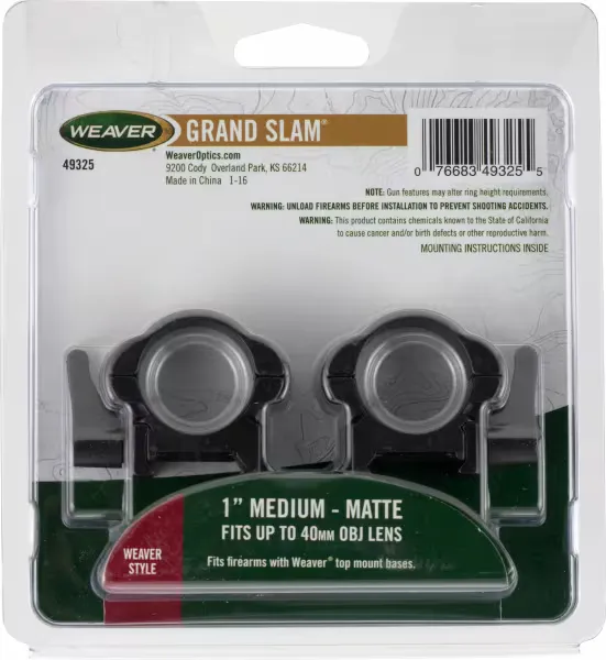 Weaver Grand Slam Lever Lock Weaver 1" Scope Rings Matte Black High - Optic Mount, vista 1